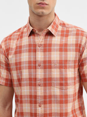 Orange Checked Slim Fit Casual Shirt | JadeBlue
