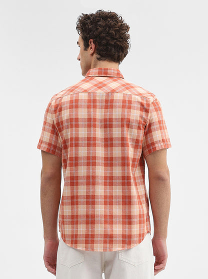 Orange Checked Slim Fit Casual Shirt | JadeBlue