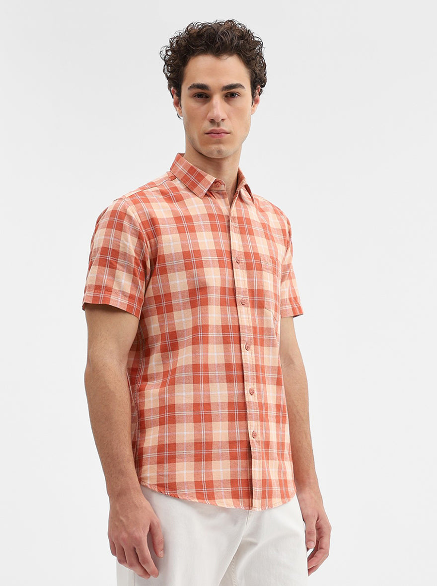 Orange Checked Slim Fit Casual Shirt | JadeBlue