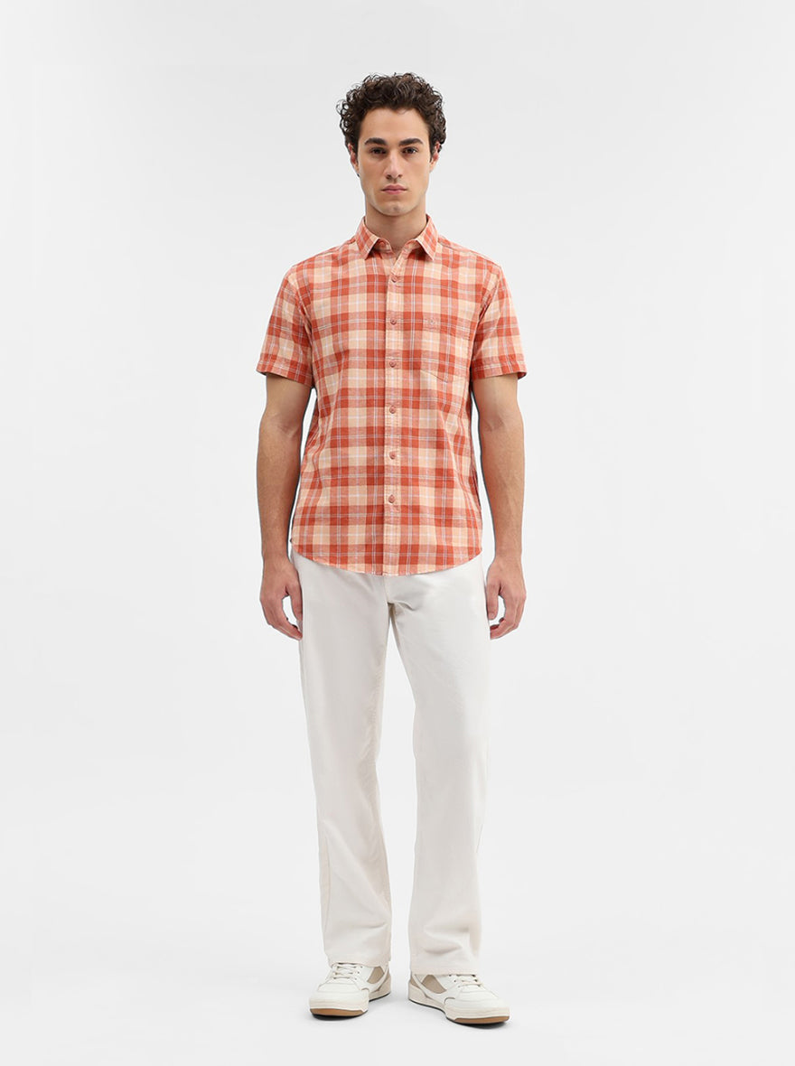 Orange Checked Slim Fit Casual Shirt | JadeBlue