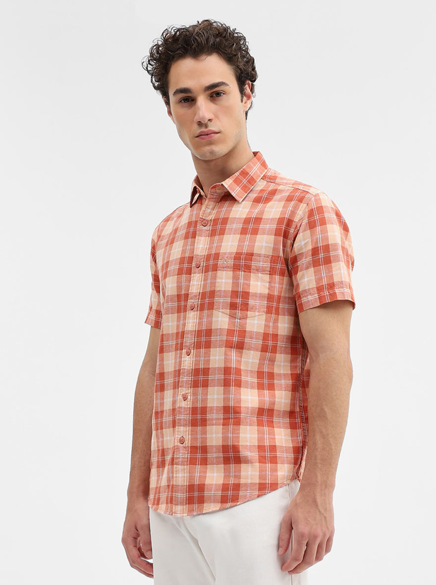 Orange Checked Slim Fit Casual Shirt | JadeBlue