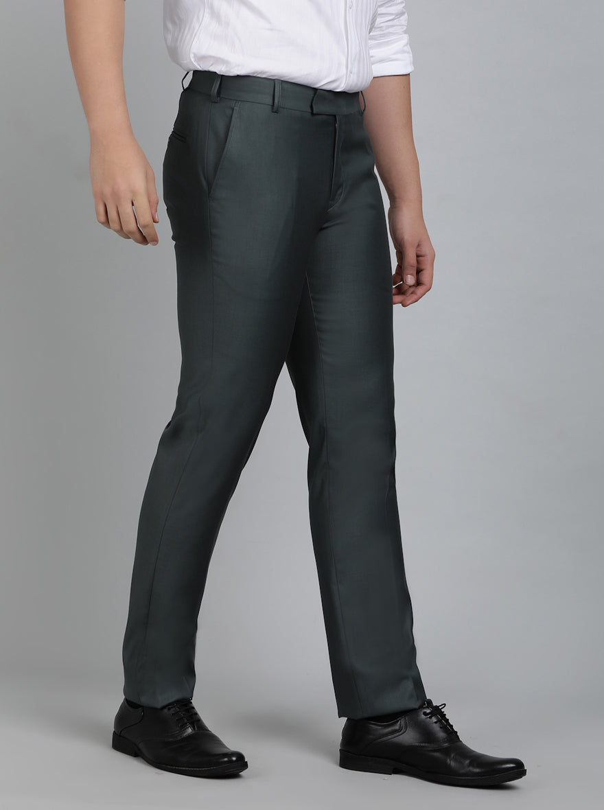 Green Solid Slim Fit Formal Trouser | Metal