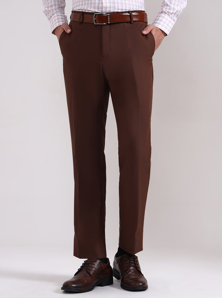 Brown Solid Slim Fit Formal Trouser | Metal