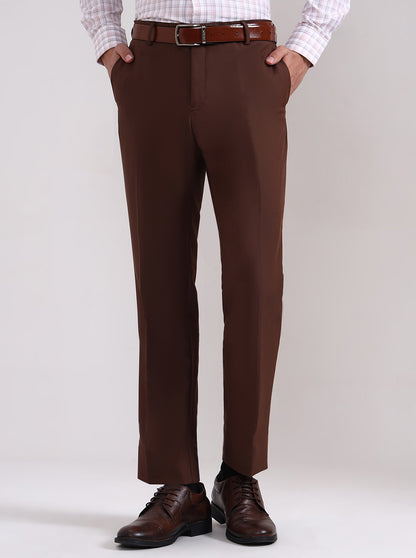 Brown Solid Slim Fit Formal Trouser | Metal