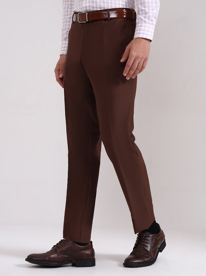 Brown Solid Slim Fit Formal Trouser | Metal
