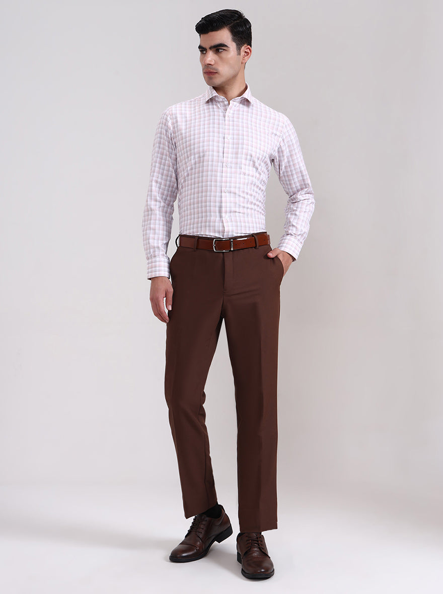 Brown Solid Slim Fit Formal Trouser | Metal