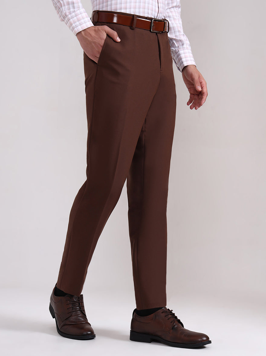 Brown Solid Slim Fit Formal Trouser | Metal