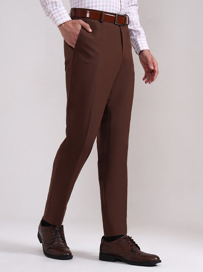 Brown Solid Slim Fit Formal Trouser | Metal