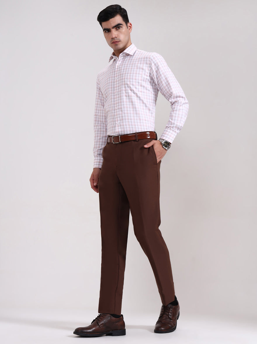 Brown Solid Slim Fit Formal Trouser | Metal