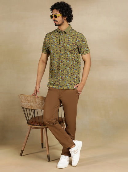 Olive Green Printed Slim Fit Polo T-Shirt | JadeBlue