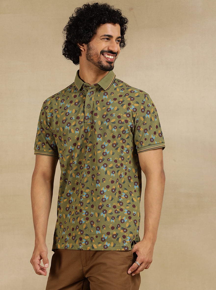 Olive Green Printed Slim Fit Polo T-Shirt | JadeBlue