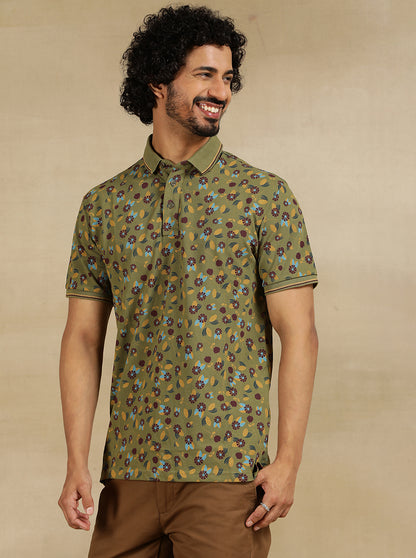 Olive Green Printed Slim Fit Polo T-Shirt | JadeBlue