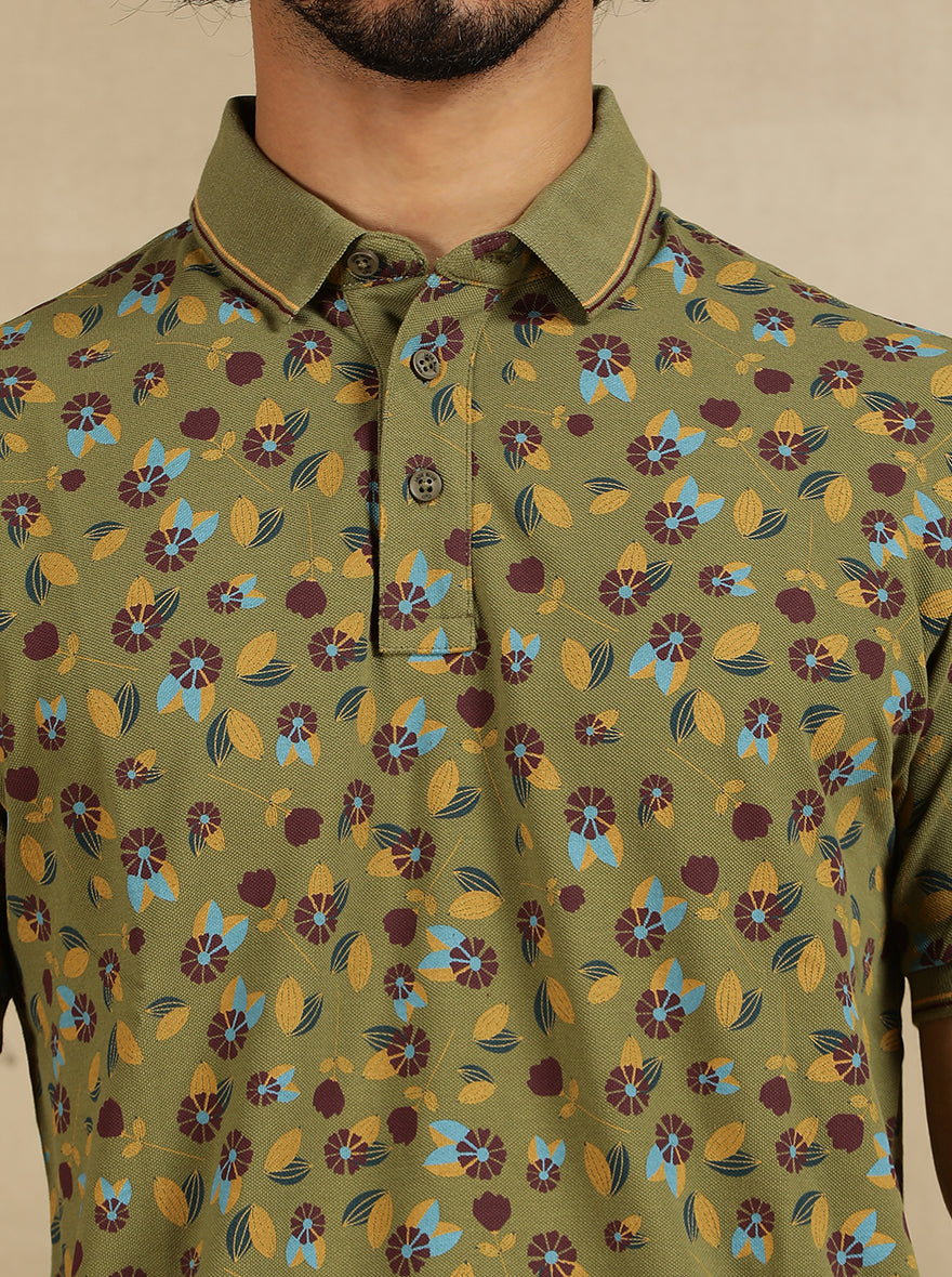 Olive Green Printed Slim Fit Polo T-Shirt | JadeBlue
