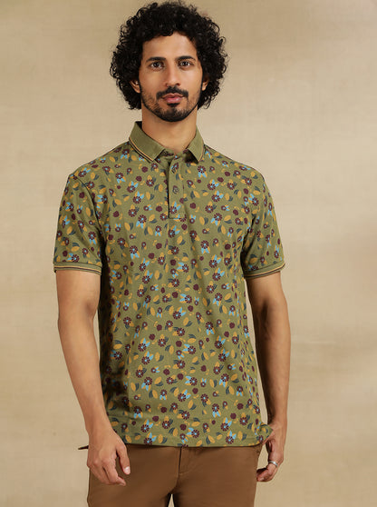 Olive Green Printed Slim Fit Polo T-Shirt | JadeBlue