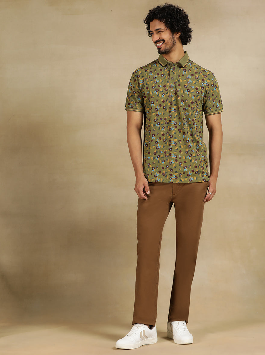 Olive Green Printed Slim Fit Polo T-Shirt | JadeBlue