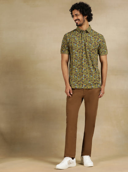 Olive Green Printed Slim Fit Polo T-Shirt | JadeBlue