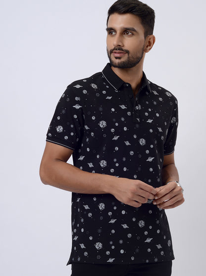 Black Printed Slim Fit Polo T-Shirt | JadeBlue
