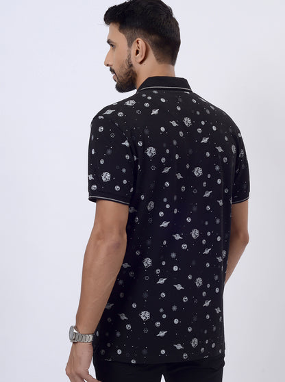 Black Printed Slim Fit Polo T-Shirt | JadeBlue