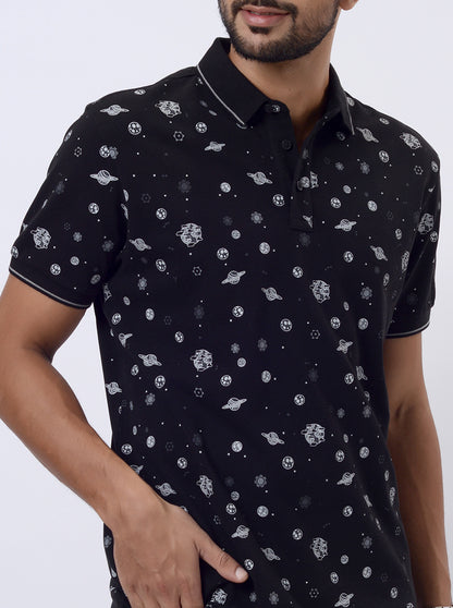 Black Printed Slim Fit Polo T-Shirt | JadeBlue
