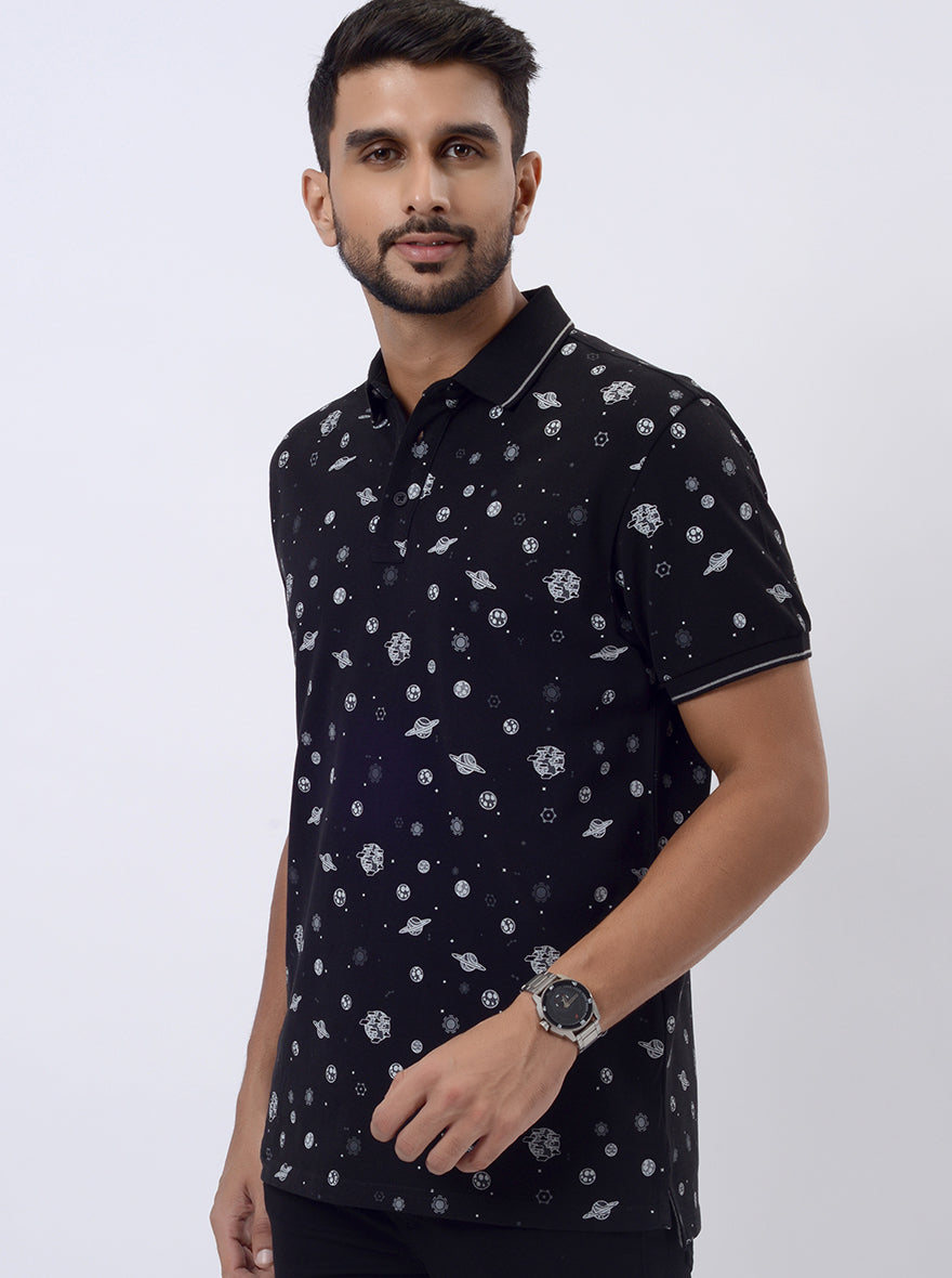 Black Printed Slim Fit Polo T-Shirt | JadeBlue