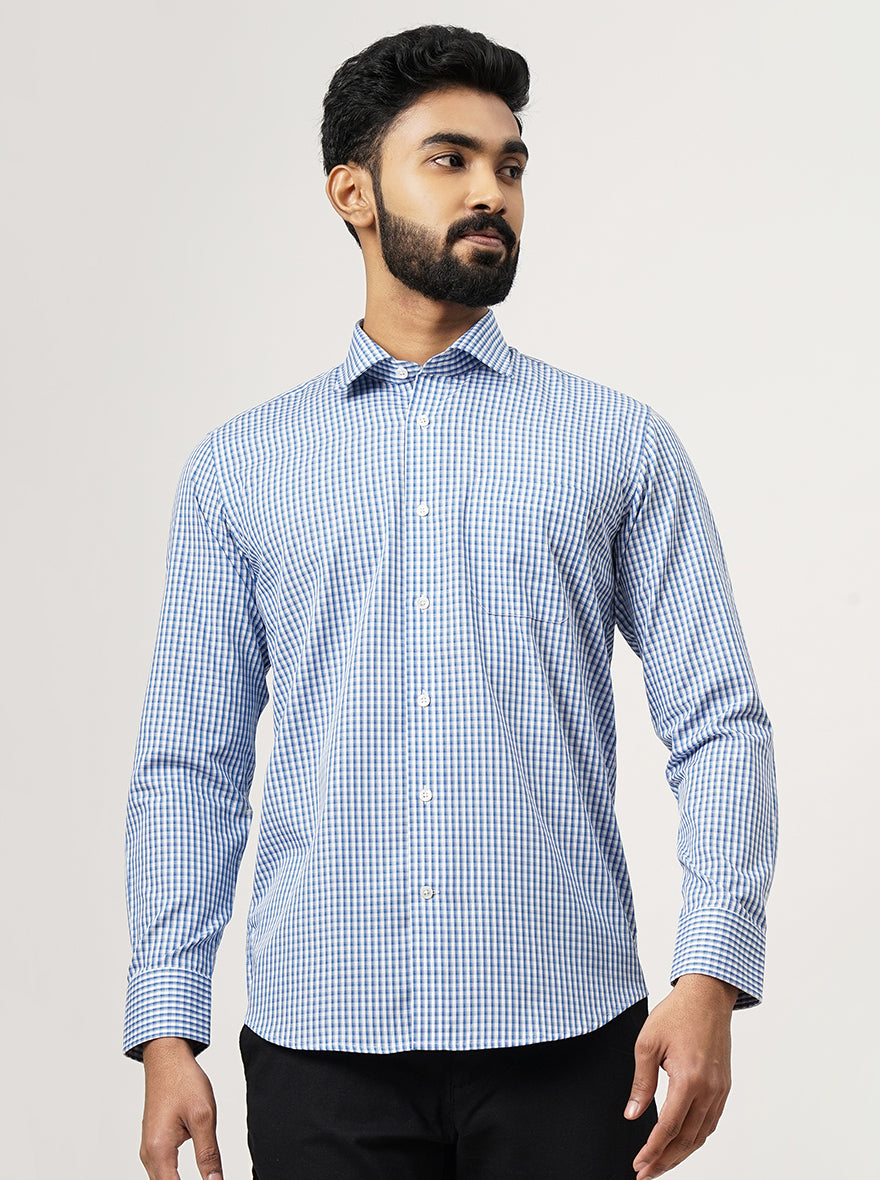 Blue Checked Slim Fit Formal Shirt | JadeBlue Super Luxe