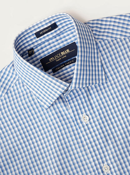 Blue Checked Slim Fit Formal Shirt | JadeBlue Super Luxe