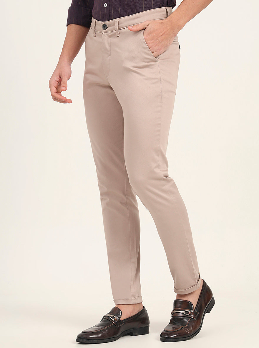 Beige Solid Neo Fit Casual Trouser | Greenfibre