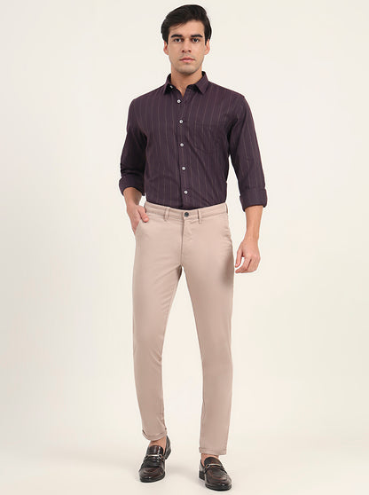 Beige Solid Neo Fit Casual Trouser | Greenfibre