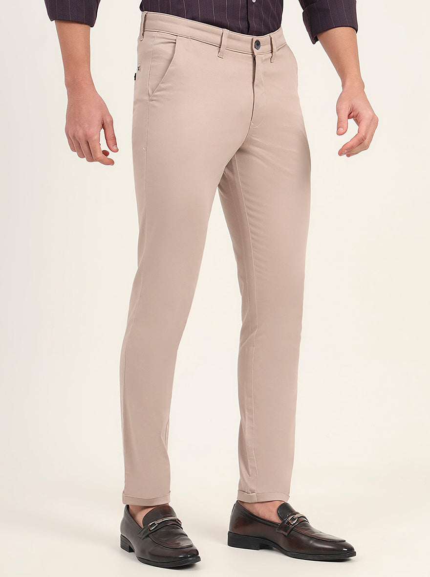 Beige Solid Neo Fit Casual Trouser | Greenfibre