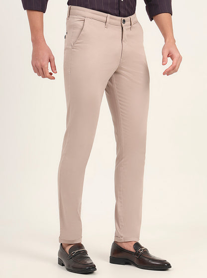 Beige Solid Neo Fit Casual Trouser | Greenfibre