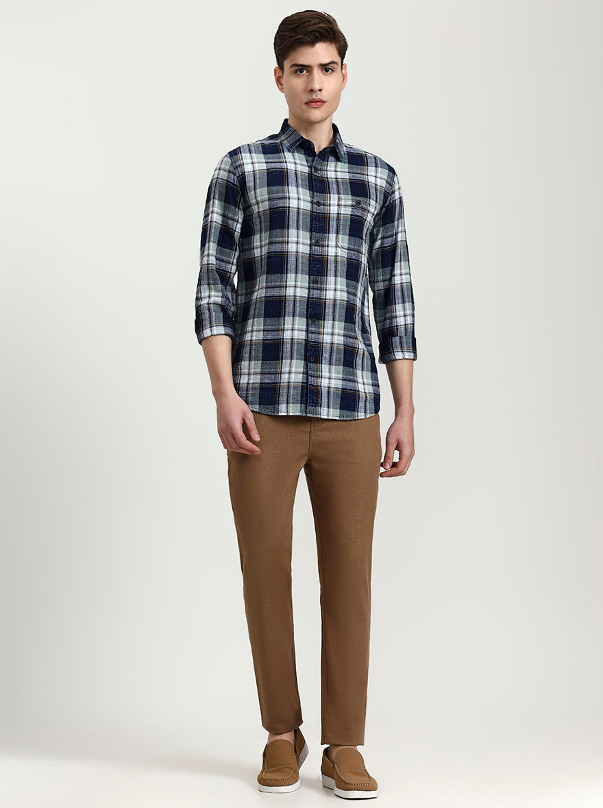 Blue & Beige Checked Slim Fit Casual Shirt | JadeBlue