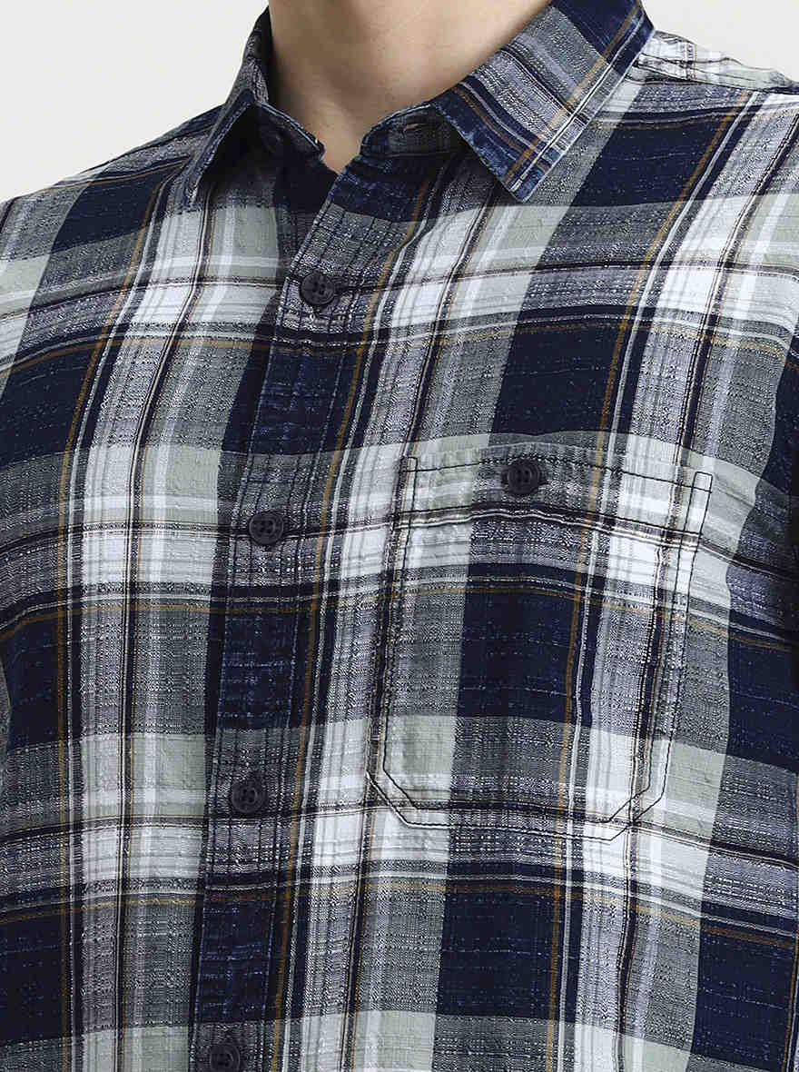 Blue & Beige Checked Slim Fit Casual Shirt | JadeBlue