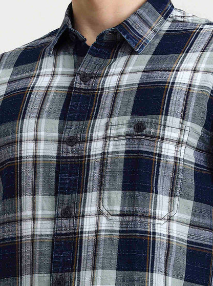 Blue & Beige Checked Slim Fit Casual Shirt | JadeBlue