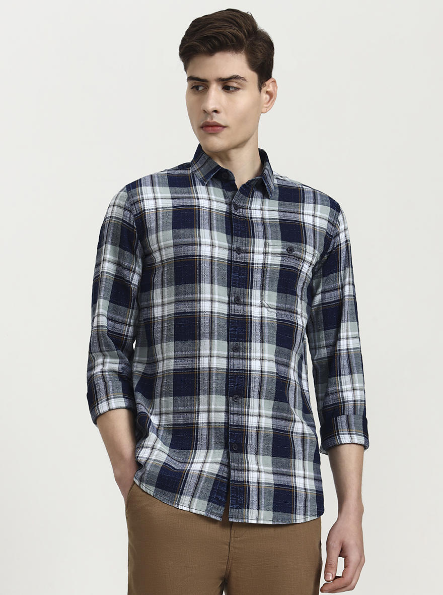 Blue & Beige Checked Slim Fit Casual Shirt | JadeBlue