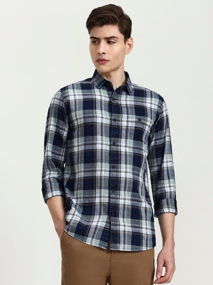 Blue & Beige Checked Slim Fit Casual Shirt | JadeBlue