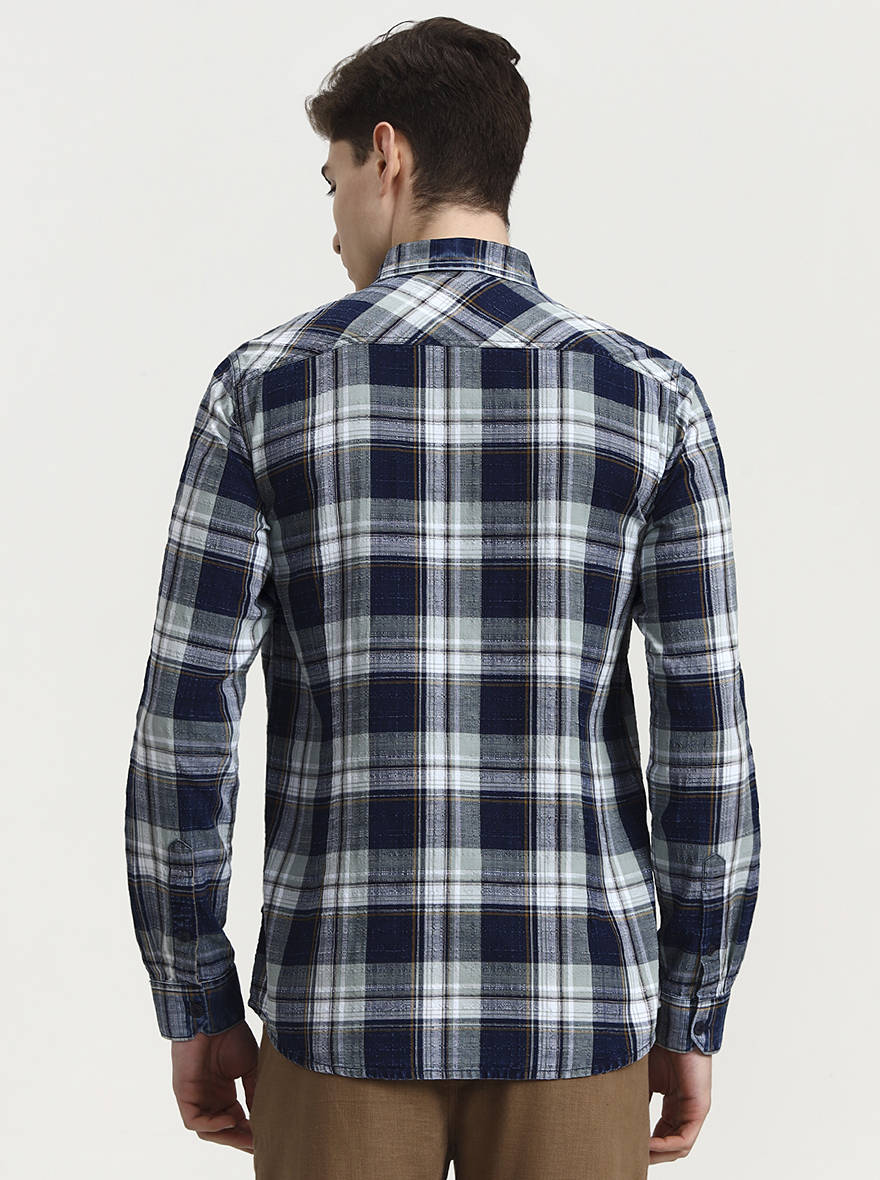 Blue & Beige Checked Slim Fit Casual Shirt | JadeBlue