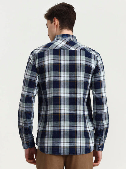 Blue & Beige Checked Slim Fit Casual Shirt | JadeBlue