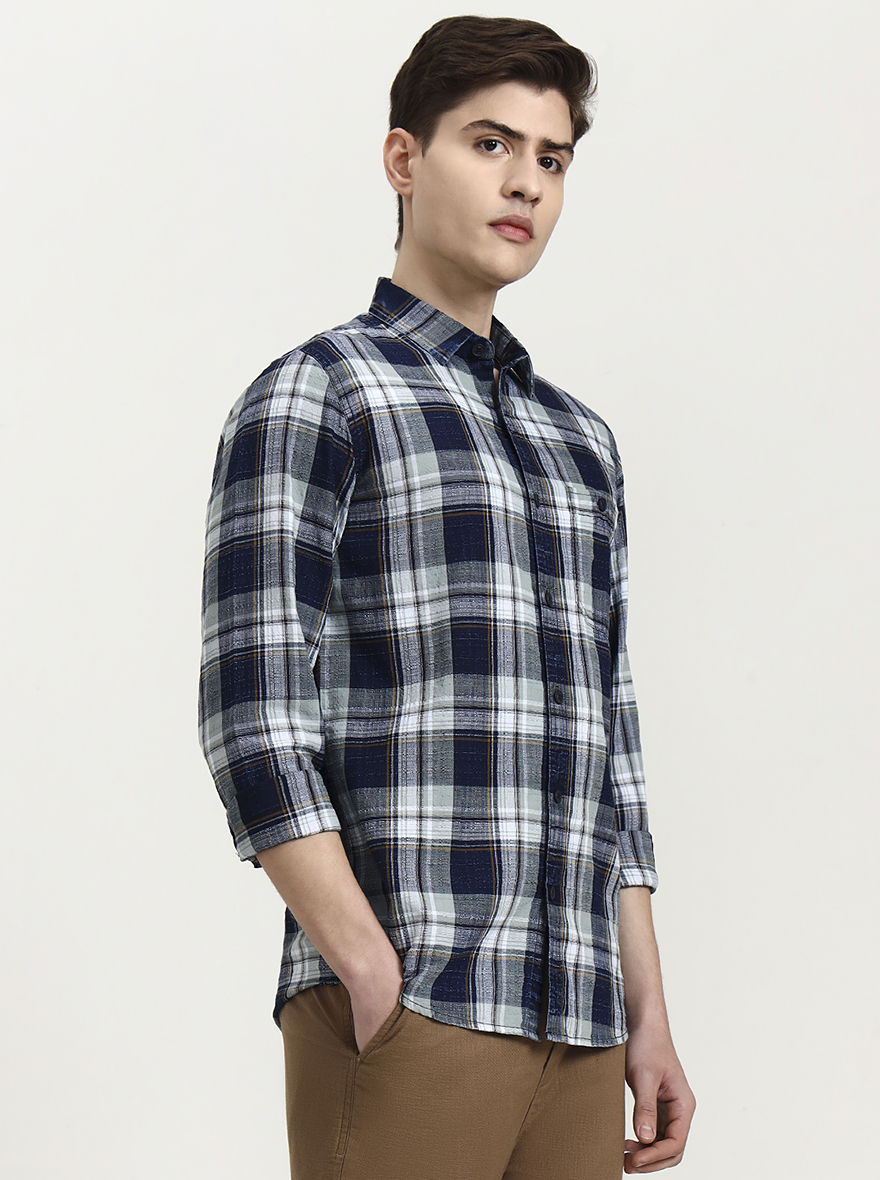 Blue & Beige Checked Slim Fit Casual Shirt | JadeBlue