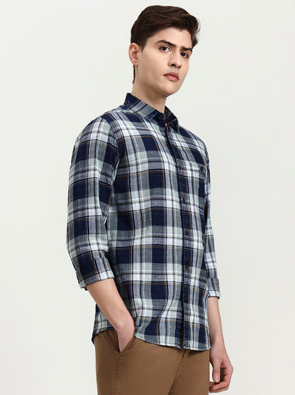 Blue & Beige Checked Slim Fit Casual Shirt | JadeBlue