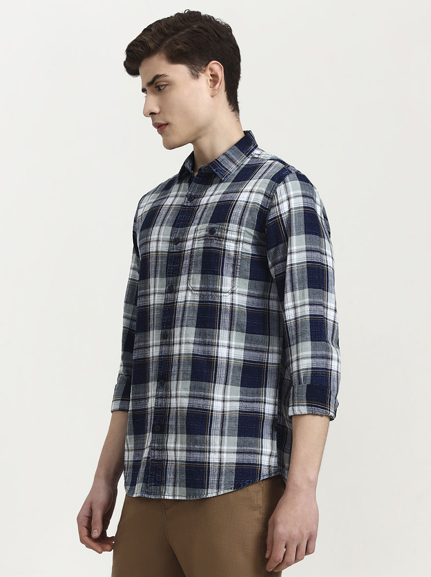 Blue & Beige Checked Slim Fit Casual Shirt | JadeBlue