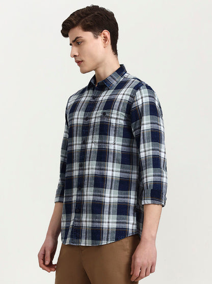 Blue & Beige Checked Slim Fit Casual Shirt | JadeBlue