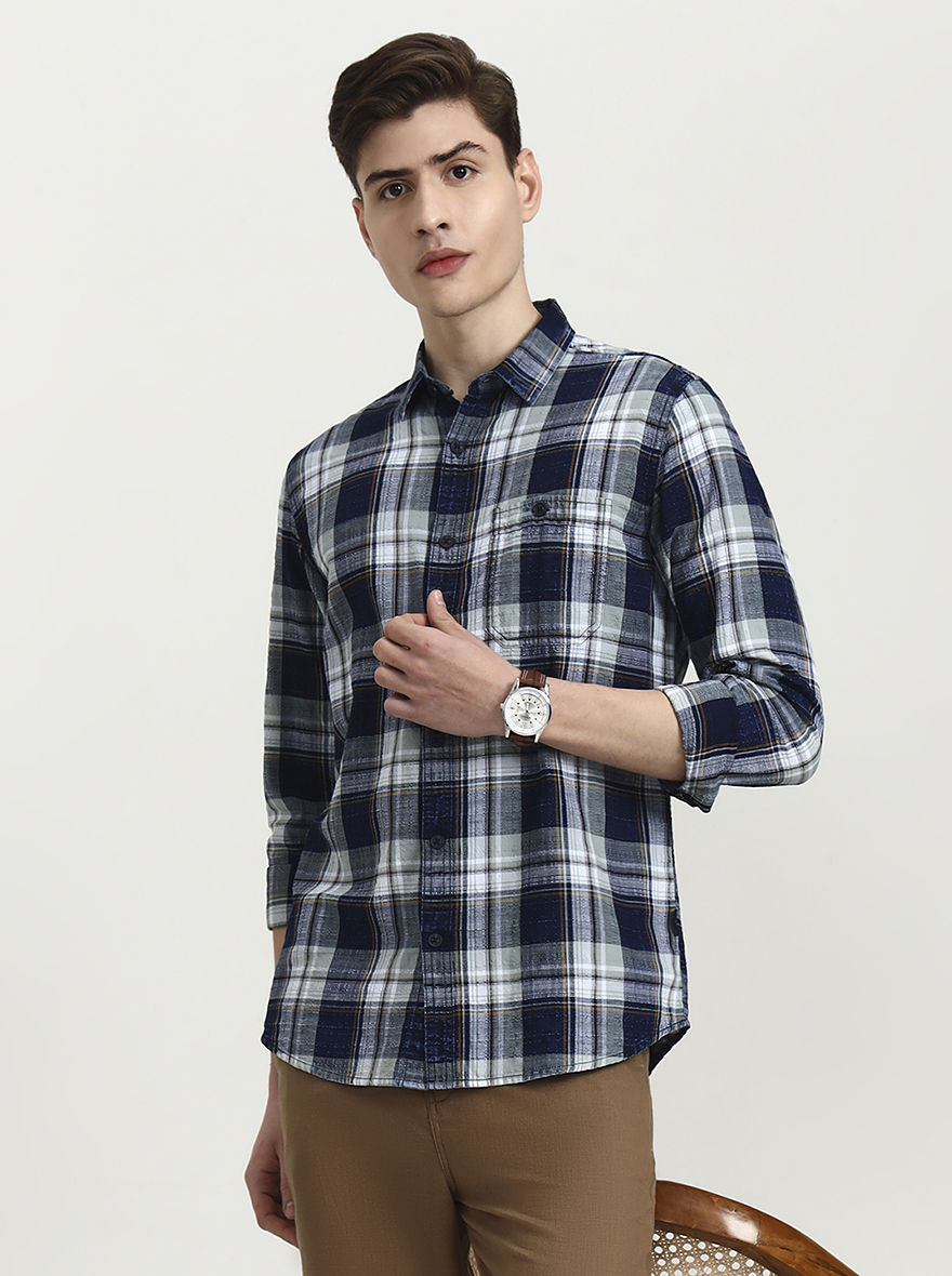 Blue & Beige Checked Slim Fit Casual Shirt | JadeBlue