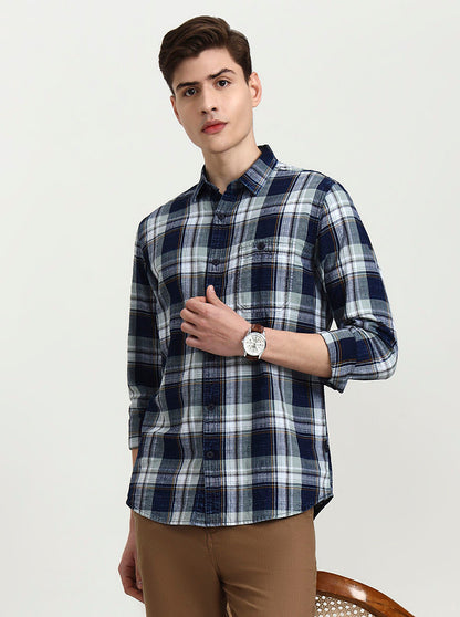 Blue & Beige Checked Slim Fit Casual Shirt | JadeBlue