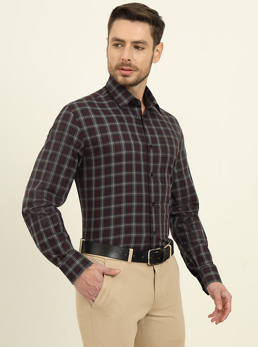 Red & Grey Checked Regular Fit Formal Shirt | JadeBlue