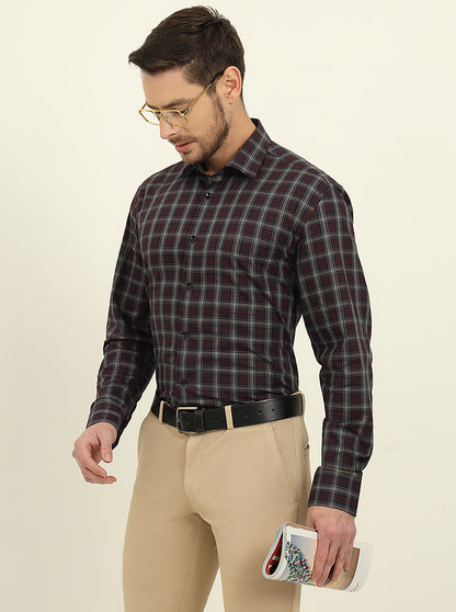 Red & Grey Checked Regular Fit Formal Shirt | JadeBlue