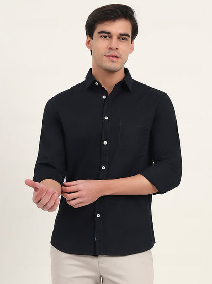 Navy Blue Solid Slim Fit Casual Shirt | Greenfibre