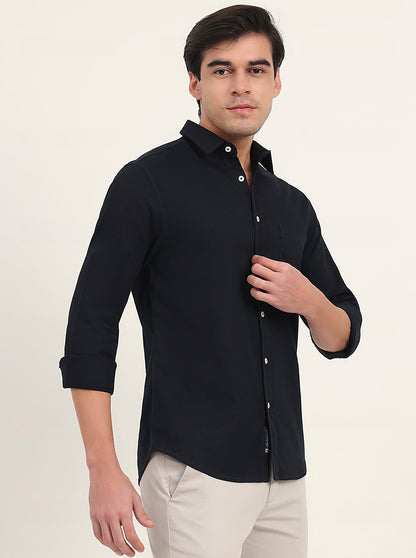 Navy Blue Solid Slim Fit Casual Shirt | Greenfibre