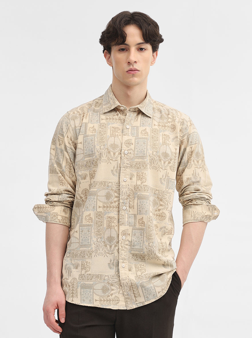 Cream Printed Slim Fit Casual Shirt | JadeBlue
