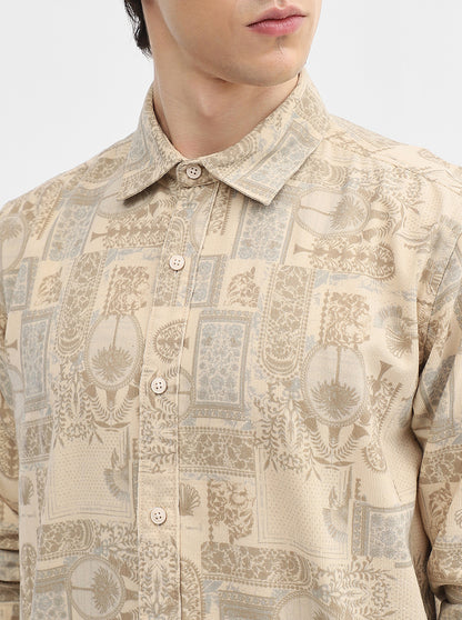 Cream Printed Slim Fit Casual Shirt | JadeBlue