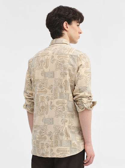 Cream Printed Slim Fit Casual Shirt | JadeBlue